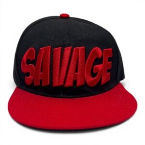 Six Flags Savage Snapback Hat Mens OSFA Black Red Flat Brim 3D Embroidered Cap